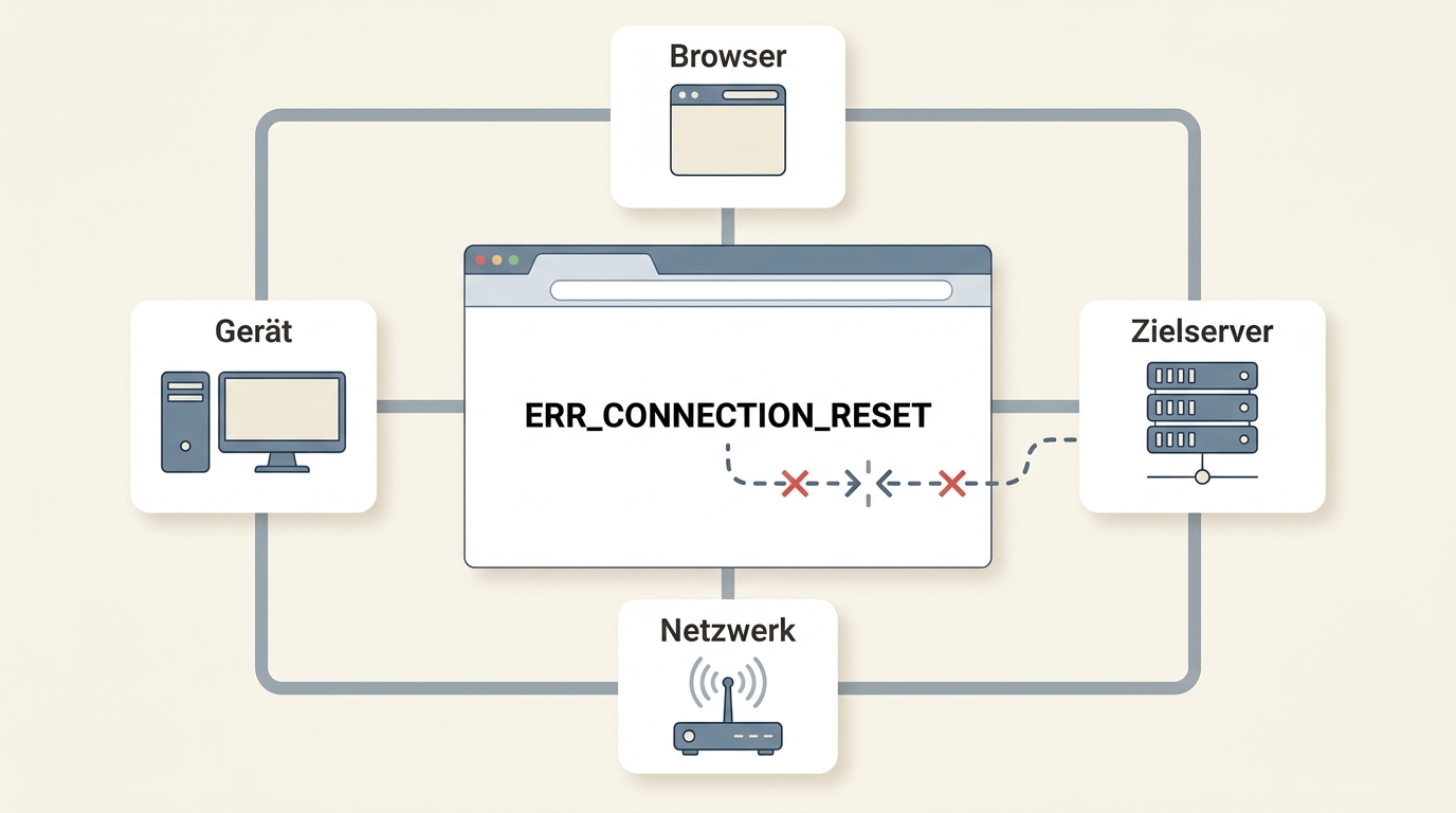 Übersicht der vier Ursachenbereiche für ERR_CONNECTION_RESET: Browser, Gerät, Netzwerk/Provider und