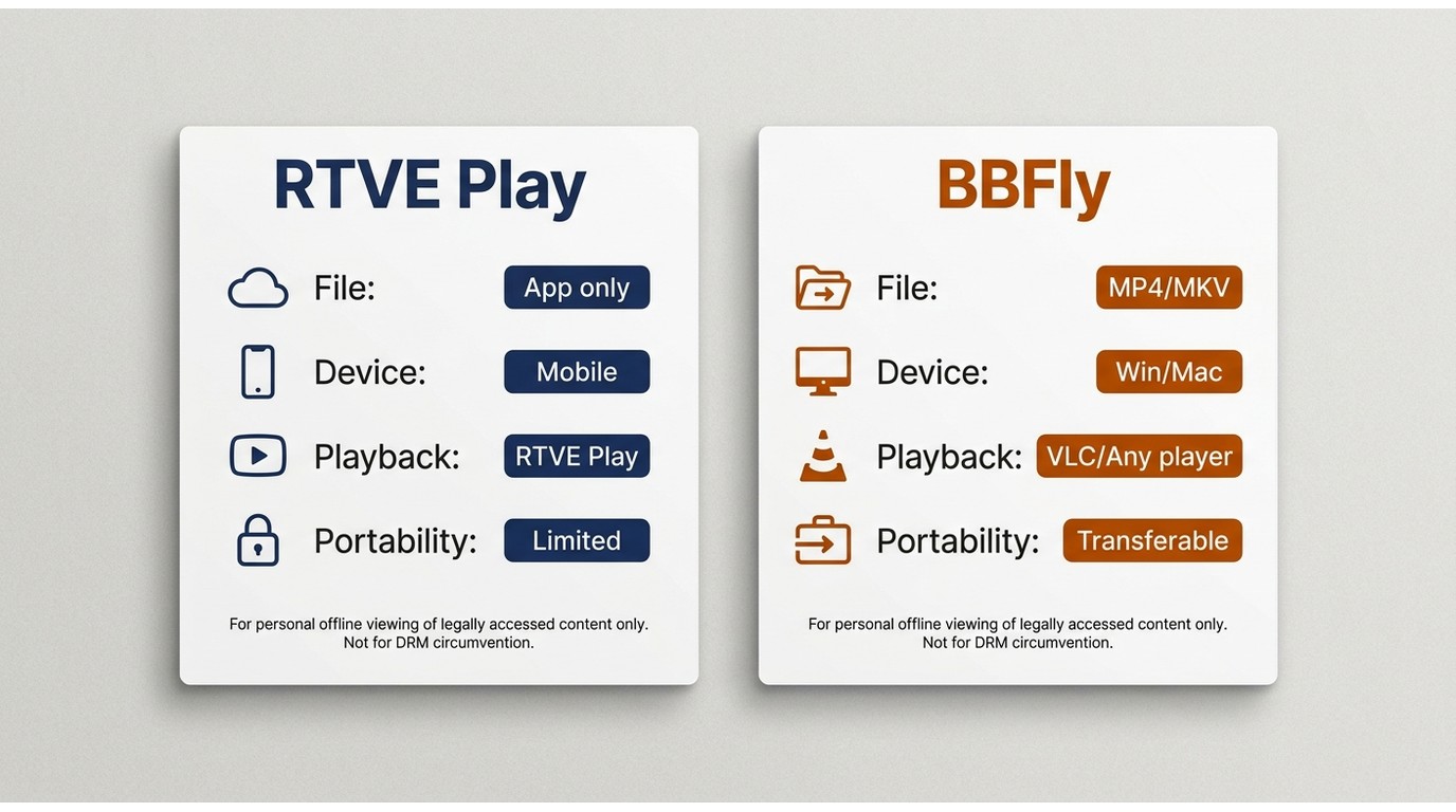 Comparison of RTVE Play app downloads and BBFly local files by device, playback, and file portabilit