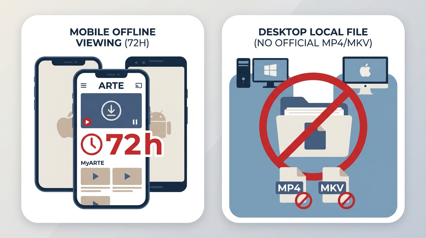 Comparison of ARTE app offline viewing in MyARTE for 72 hours versus no computer MP4 or MKV file.