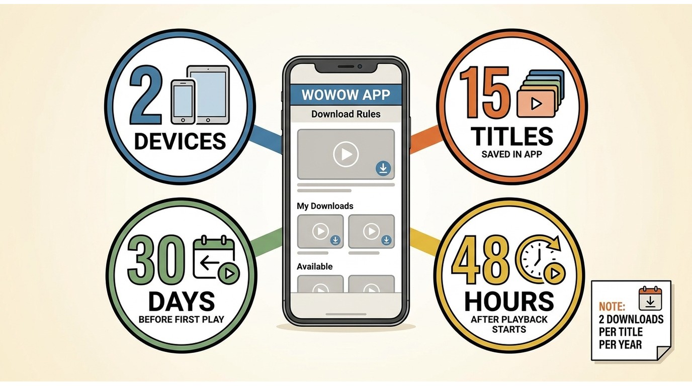 WOWOW download limits for devices, saved titles, and expiration windows