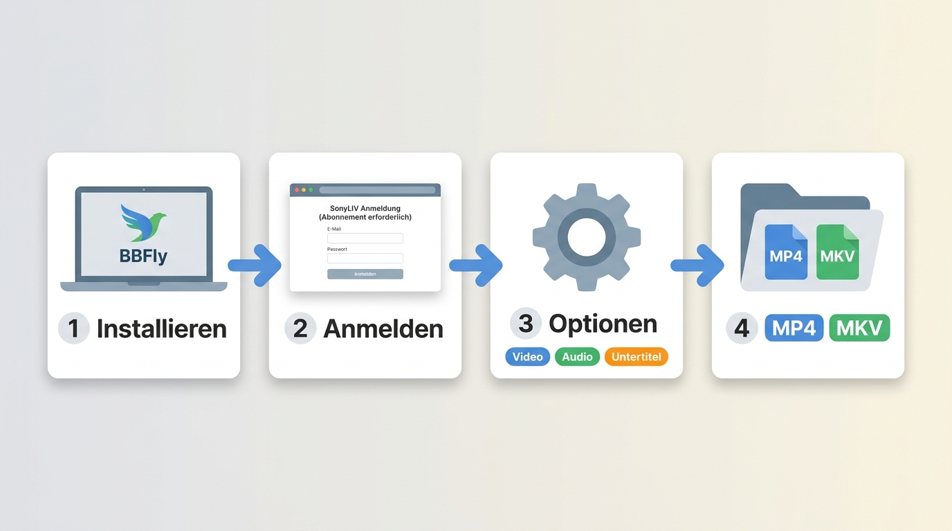 Vier Schritte mit BBFly: installieren, bei SonyLIV anmelden, Optionen wählen und MP4 oder MKV speich