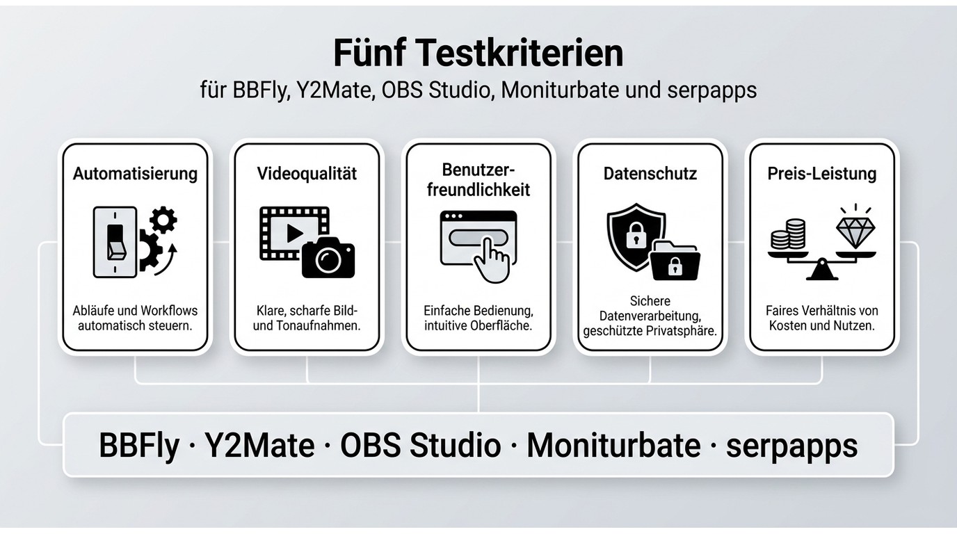 Fünf Testkriterien für BBFly, Y2Mate, OBS Studio, Moniturbate und serpapps.