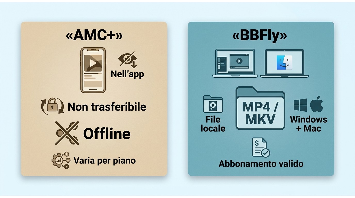 Confronto tra download AMC+ nell’app e file locali MP4 o MKV con BBFly su PC.