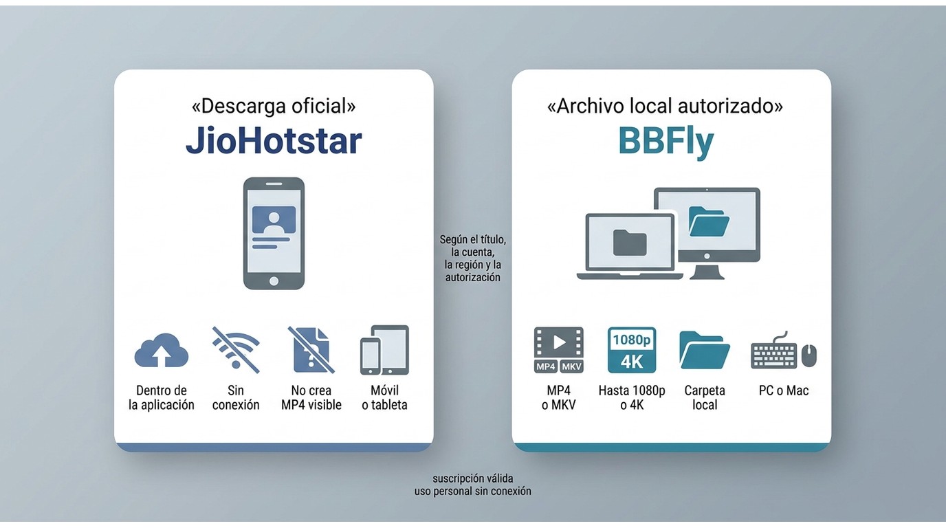Comparación entre descarga oficial de JioHotstar y archivo local autorizado con BBFly.