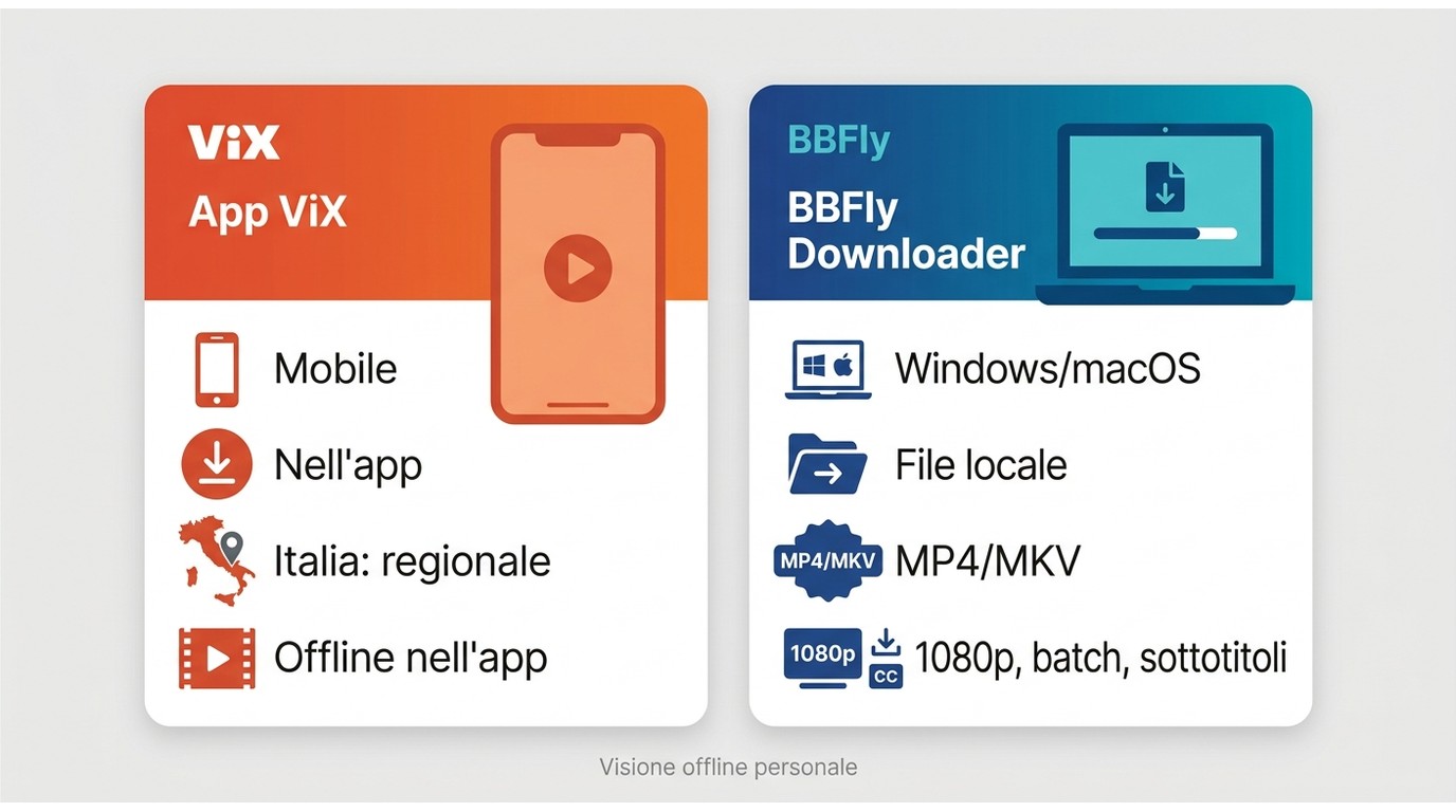 Confronto tra app ViX e BBFly per dispositivi, file locali, formati e download offline.