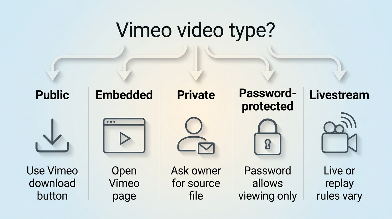 Vimeo decision flow for public, embedded, private, password-protected, and livestream videos.