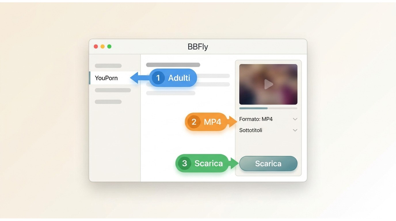 Passaggi in BBFly per attivare i servizi per adulti, scegliere MP4 e scaricare da YouPorn.