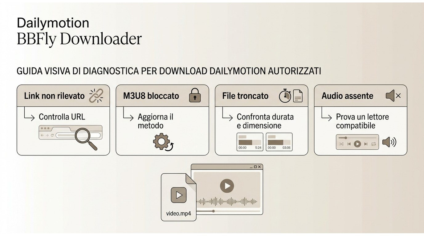 Soluzioni per URL Dailymotion, M3U8, file MP4 incompleto e audio assente.