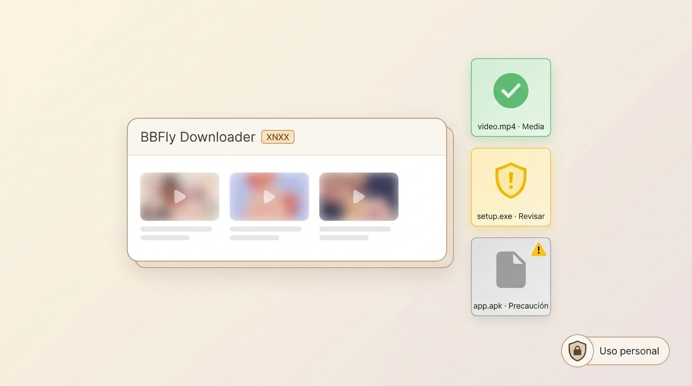 Archivos MP4, EXE y APK con avisos de seguridad para descargas autorizadas.
