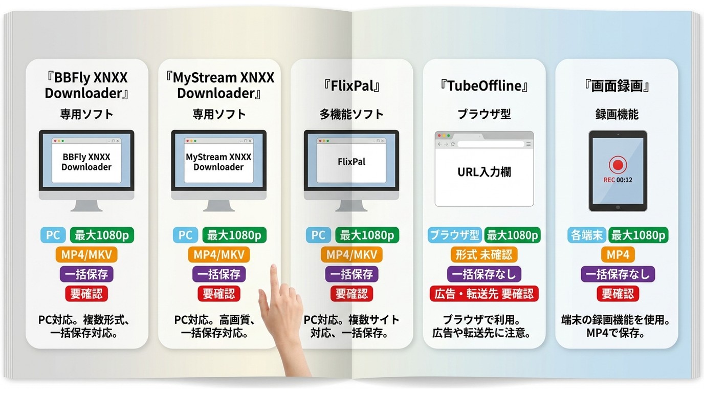 XNXX保存の5方式をBBFly、MyStream、FlixPal、TubeOffline、画面録画で比較した要点