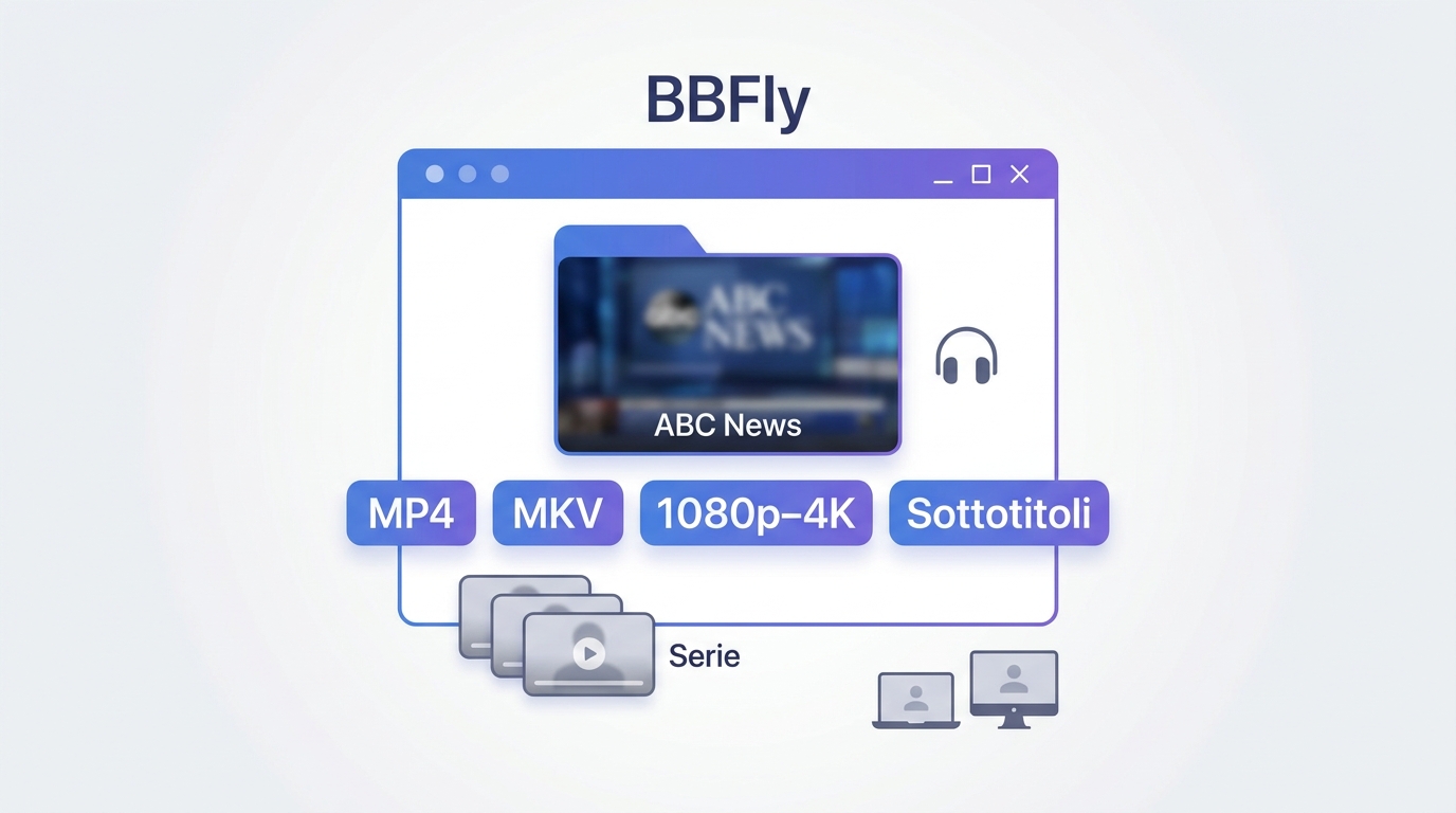 Funzioni BBFly per video ABC: MP4 o MKV, 1080p–4K, audio e sottotitoli.