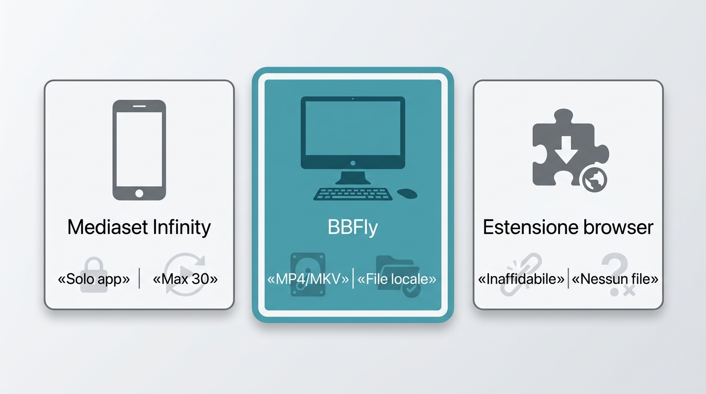 Confronto tra offline Mediaset Infinity, BBFly con file locale e downloader generici.