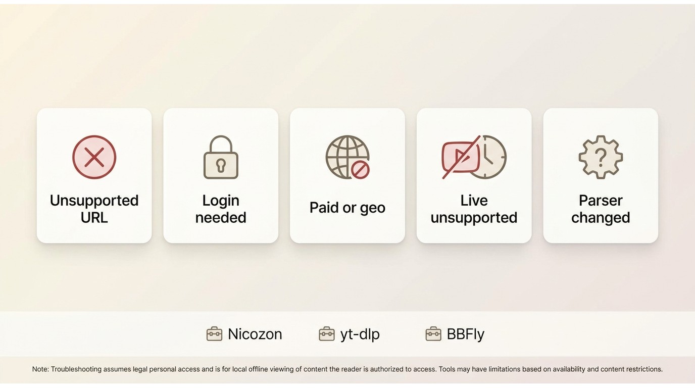 Common Niconico download failures such as unsupported URL, login need, restrictions, and parser erro