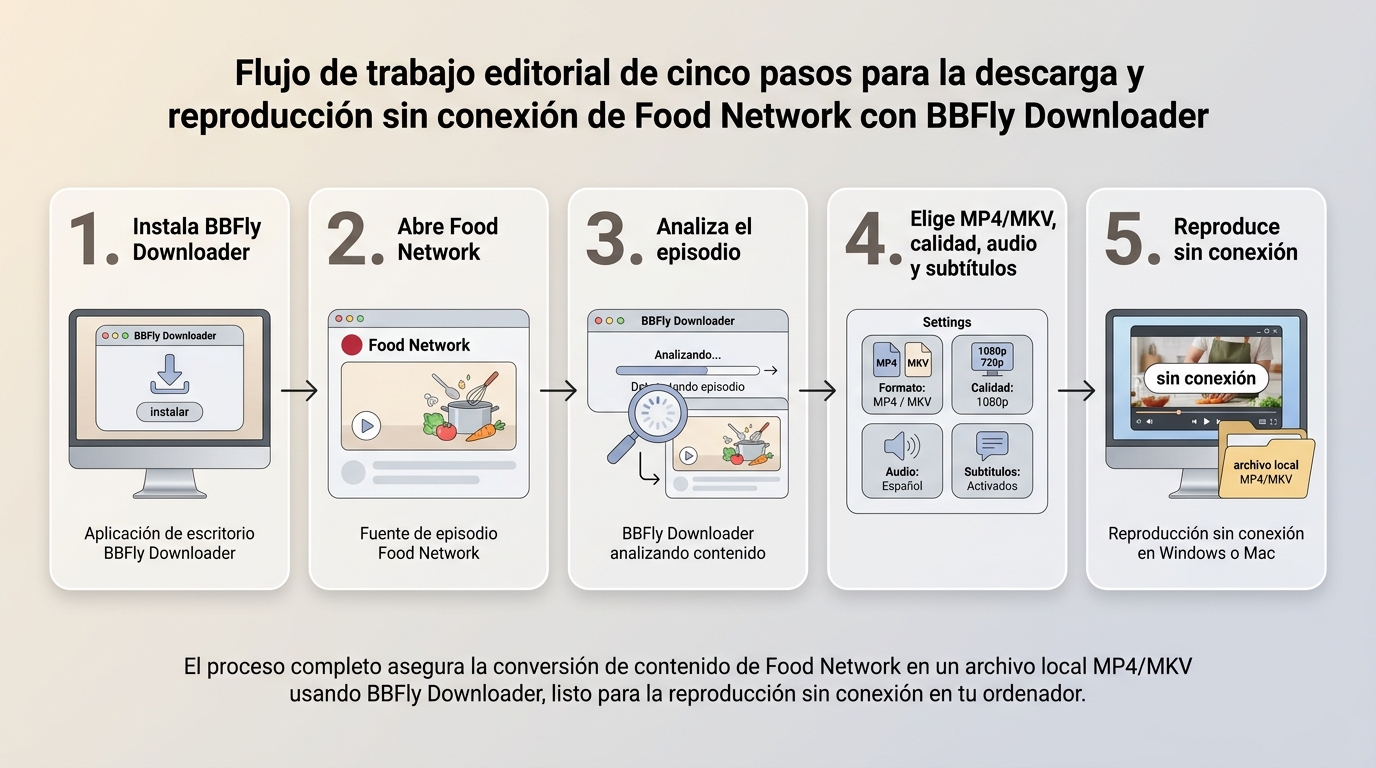 Cómo usar BBFly Downloader para descargar y revisar un episodio de Food Network.