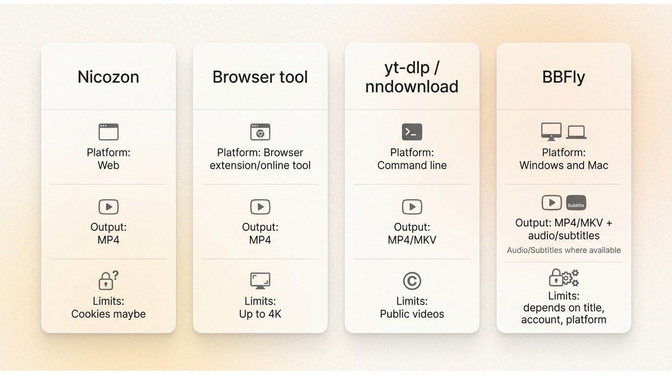 Comparison of Nicozon, browser tools, yt-dlp or nndownload, and BBFly by device, output, and limits