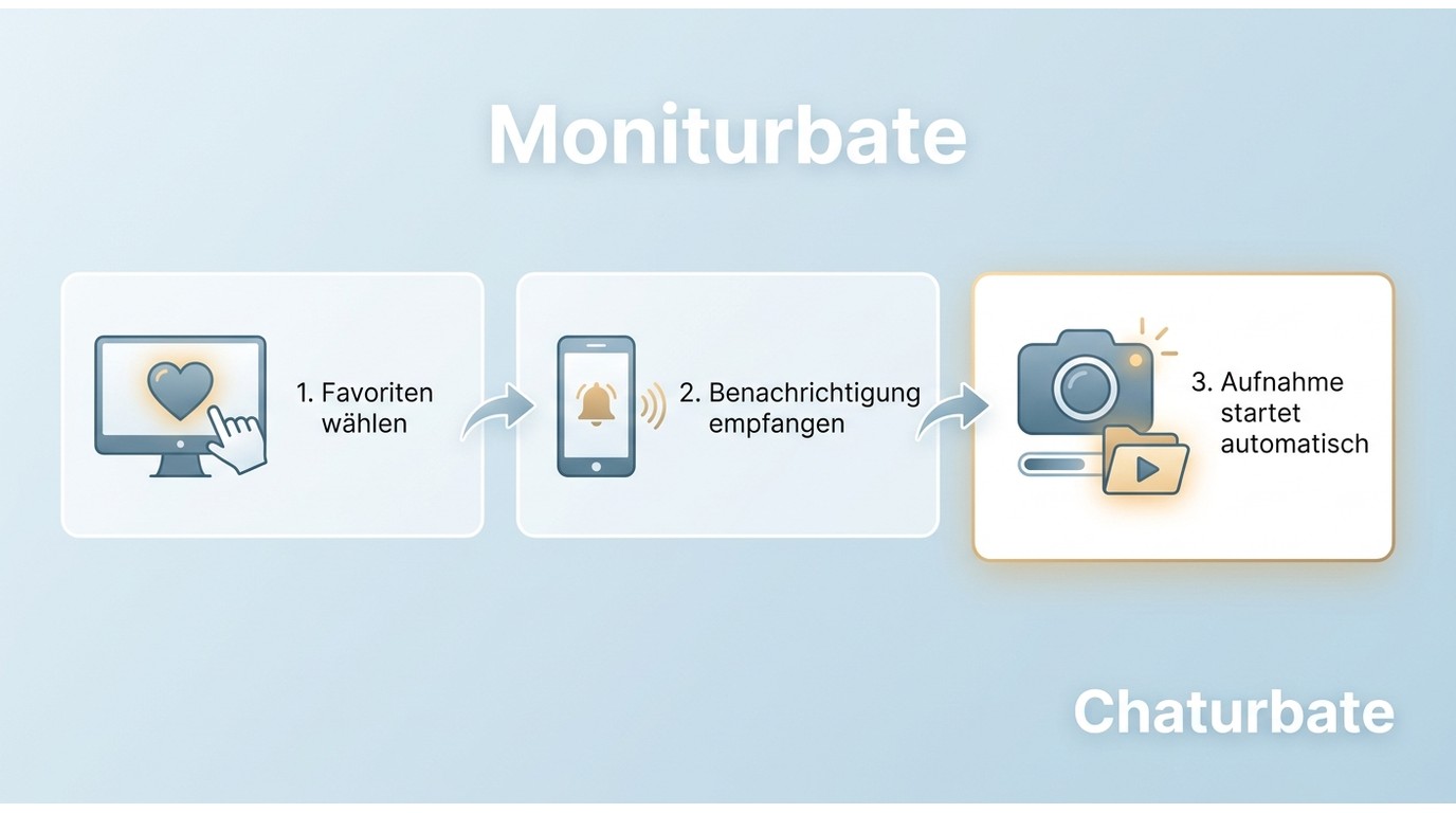 Ablauf von Moniturbate: Favoriten überwachen, Online-Alarm erhalten, Aufnahme startet automatisch.