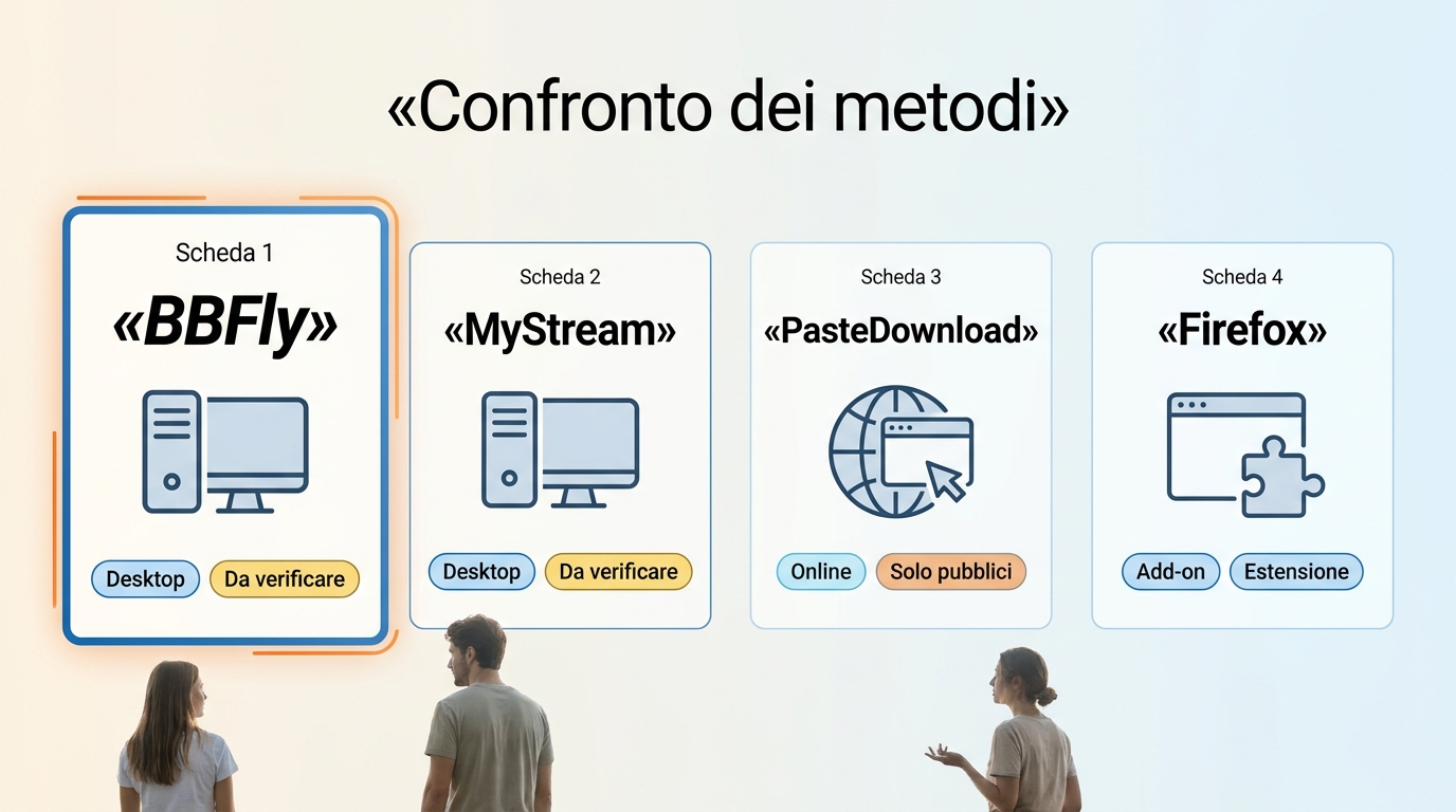 Confronto tra BBFly, MyStream, PasteDownload ed estensione Firefox per compatibilità Beeg e controll