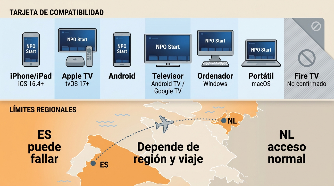 Compatibilidad de NPO Start en iPhone, Apple TV, Android, Windows y límites por región desde España.