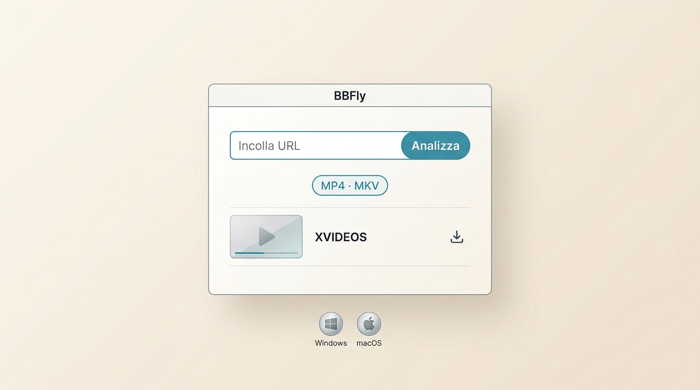 Interfaccia BBFly Downloader con URL XVIDEOS, opzioni MP4 e MKV e comando Scarica.