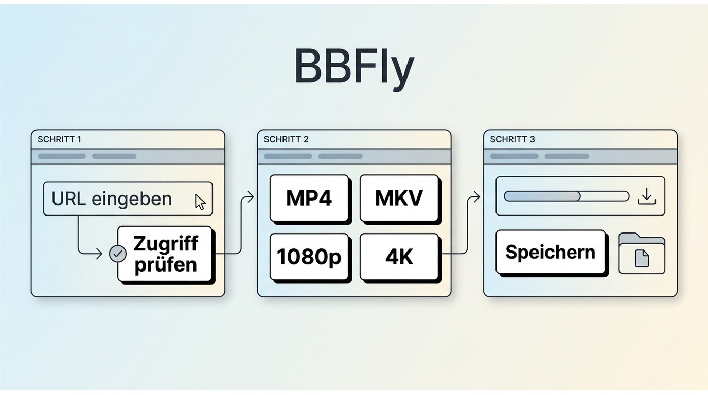 BBFly-Ablauf mit Prüfung des Zugriffs, Auswahl von MP4 oder MKV und lokal gespeicherter Datei.