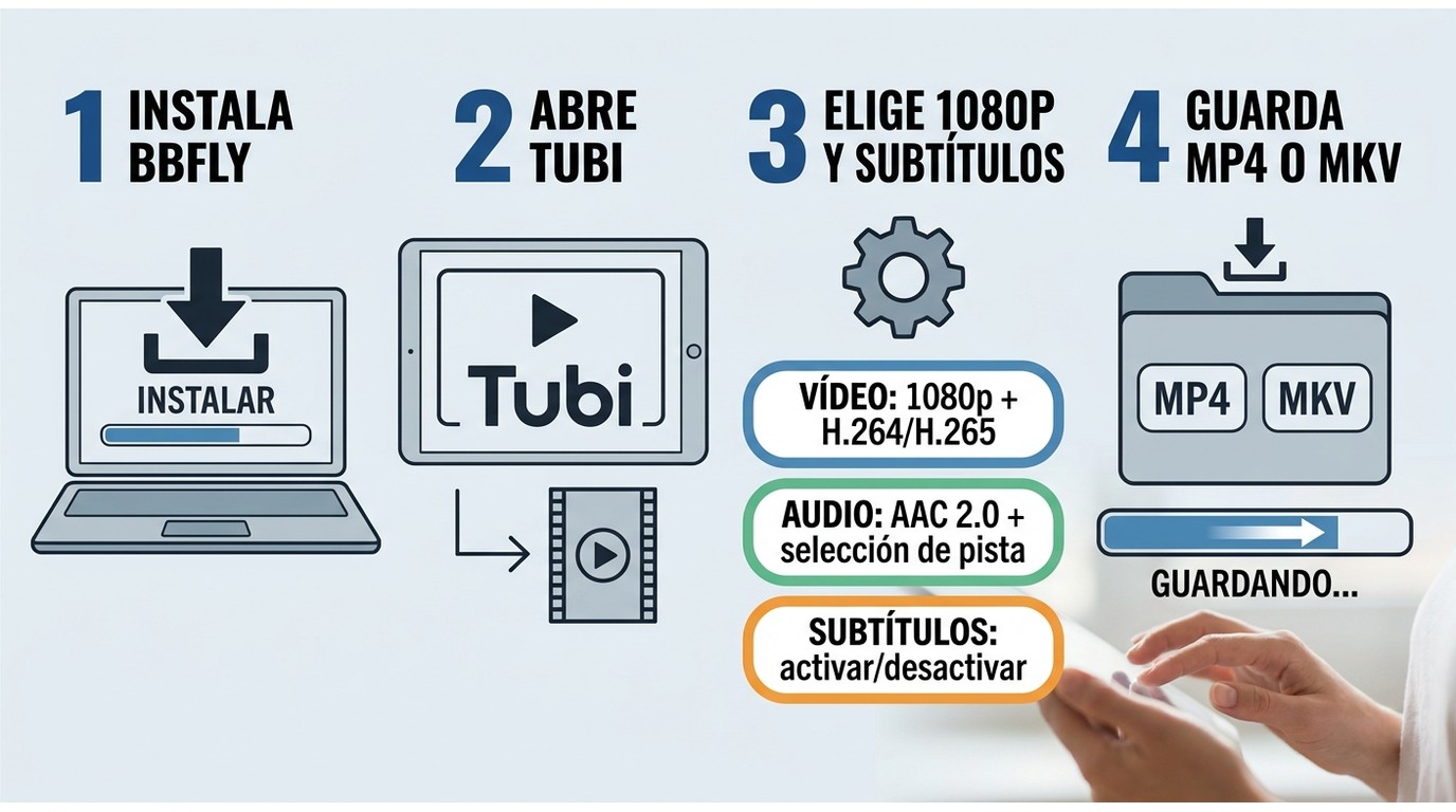 Flujo de 4 pasos con BBFly para guardar una película de Tubi en MP4 o MKV