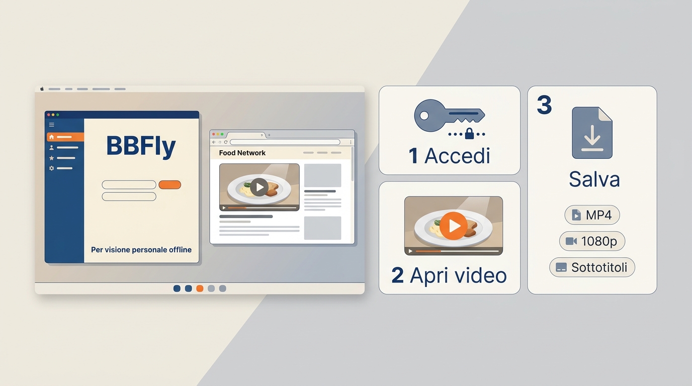 Procedura BBFly per salvare un video Food Network con formato, qualità e sottotitoli.