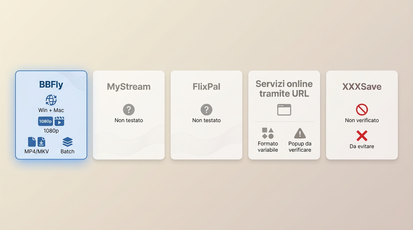 Confronto tra BBFly, MyStream, FlixPal, servizi URL e XXXSave per stato e compatibilità.