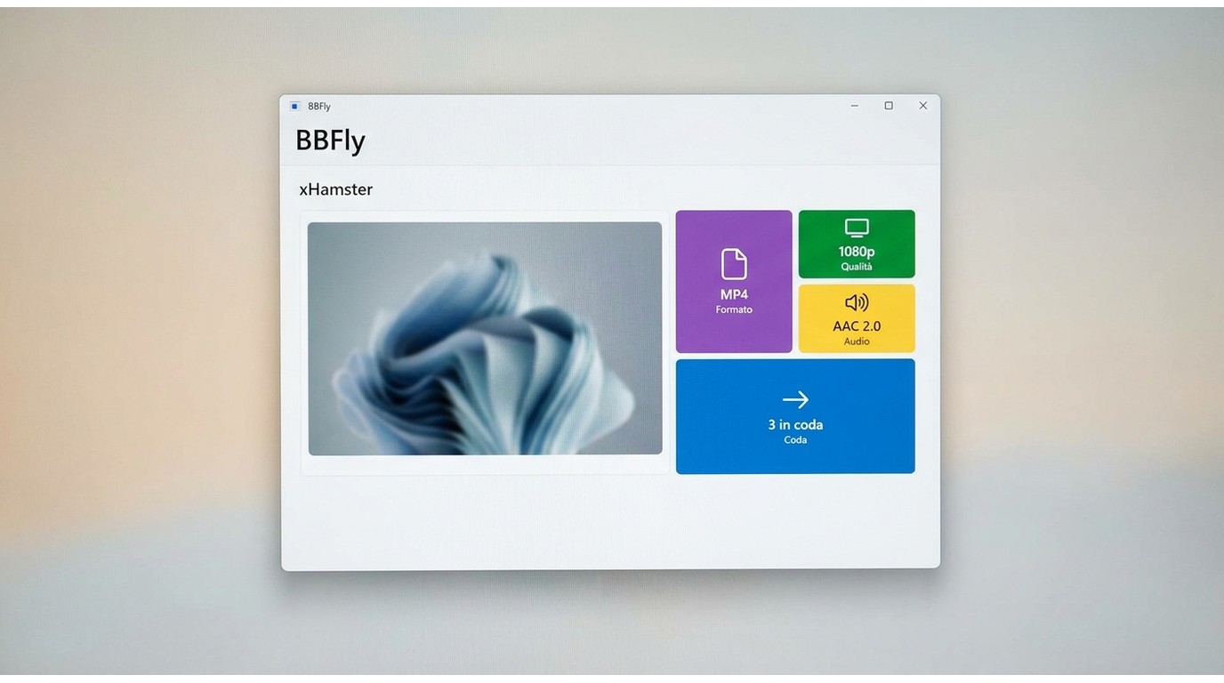 Interfaccia BBFly con MP4, 1080p, scelta audio e coda di download xHamster.