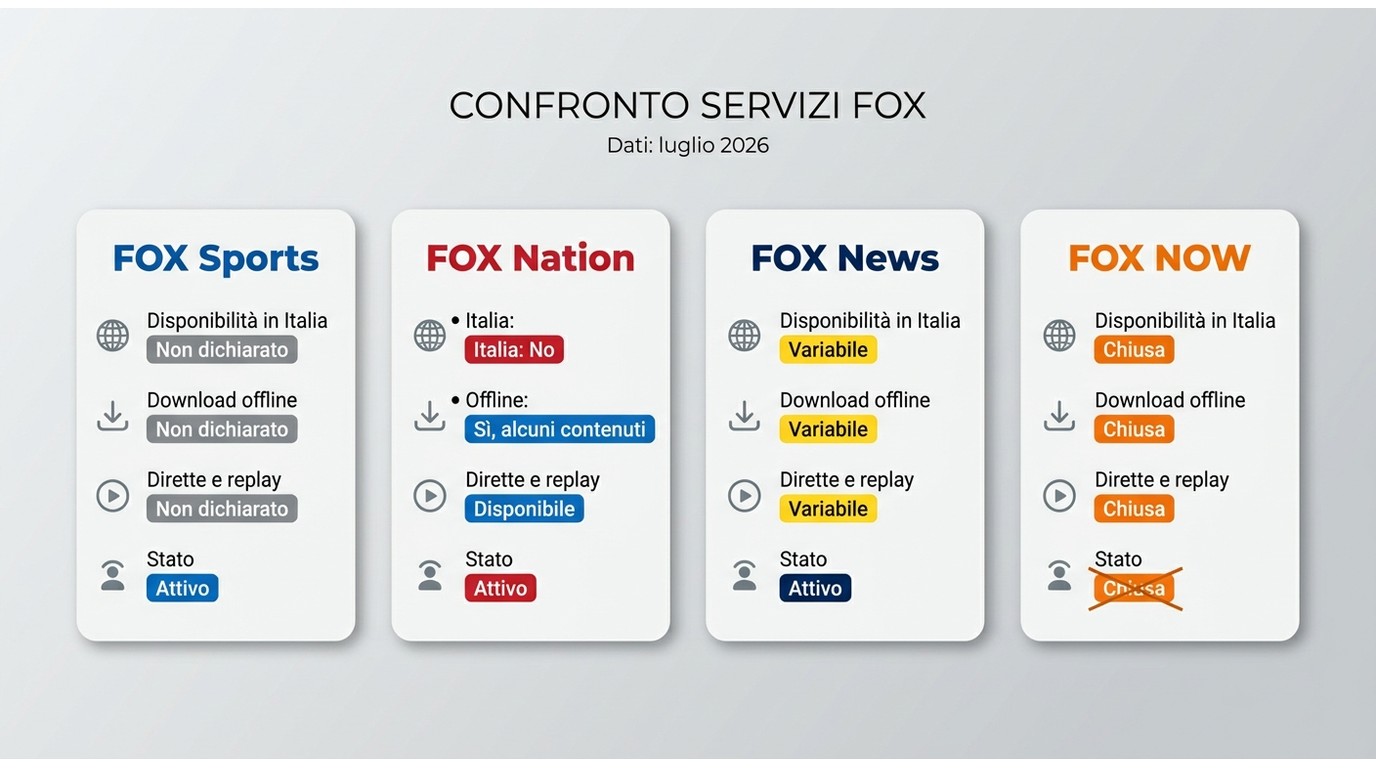Confronto tra FOX Sports, FOX Nation, FOX News e FOX NOW per accesso e download in Italia.