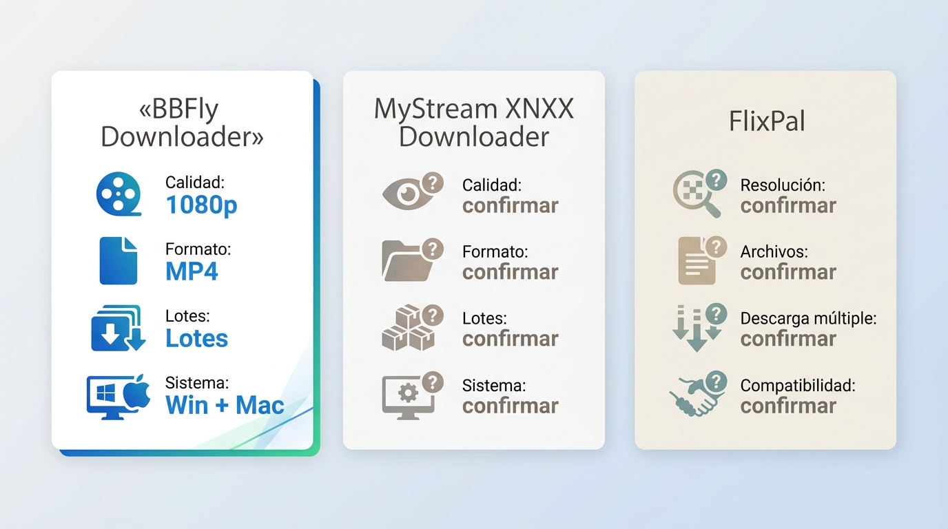 Comparación de BBFly, MyStream y FlixPal por calidad, formatos, lotes y condiciones.