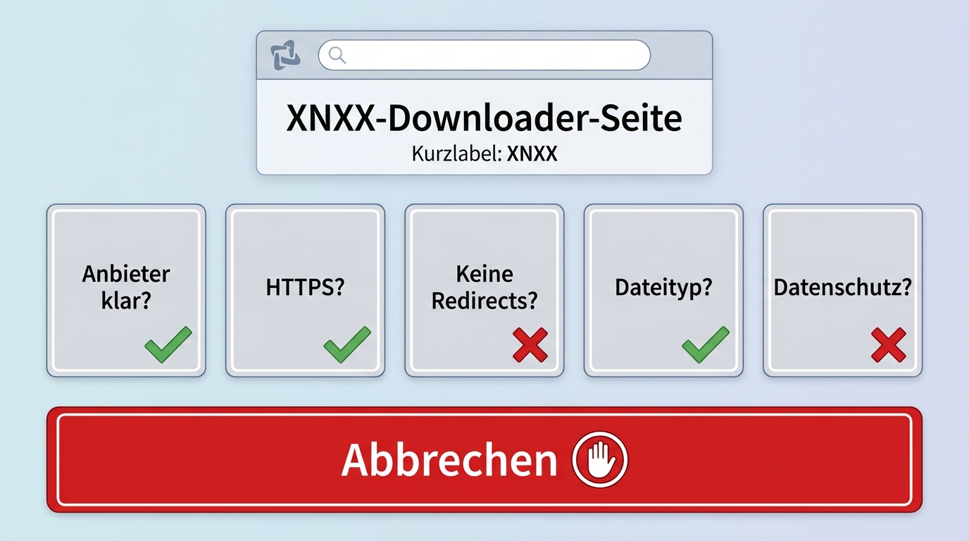 Prüfschema für unbekannte XNXX-Downloader mit Anbieter, HTTPS, Weiterleitungen und Dateityp.