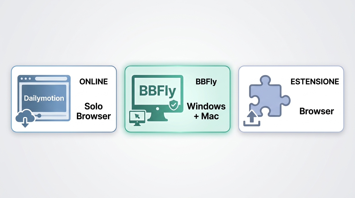 Confronto tra strumenti online, BBFly desktop ed estensioni per video Dailymotion.