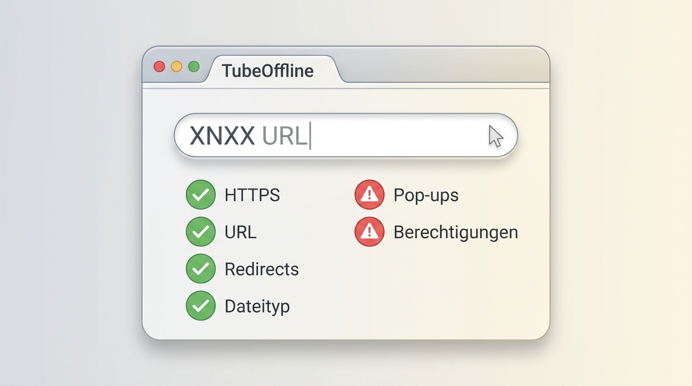 Prüfpunkte für TubeOffline vor dem Einfügen einer XNXX-URL und Warnung vor Pop-ups.