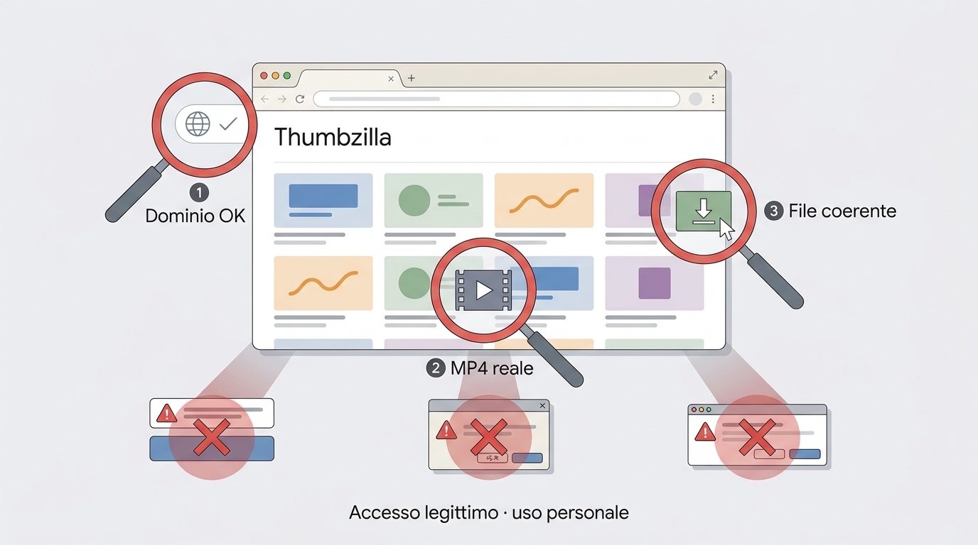 Controlli di sicurezza per scaricare da Thumbzilla evitando popup, notifiche e pulsanti falsi.