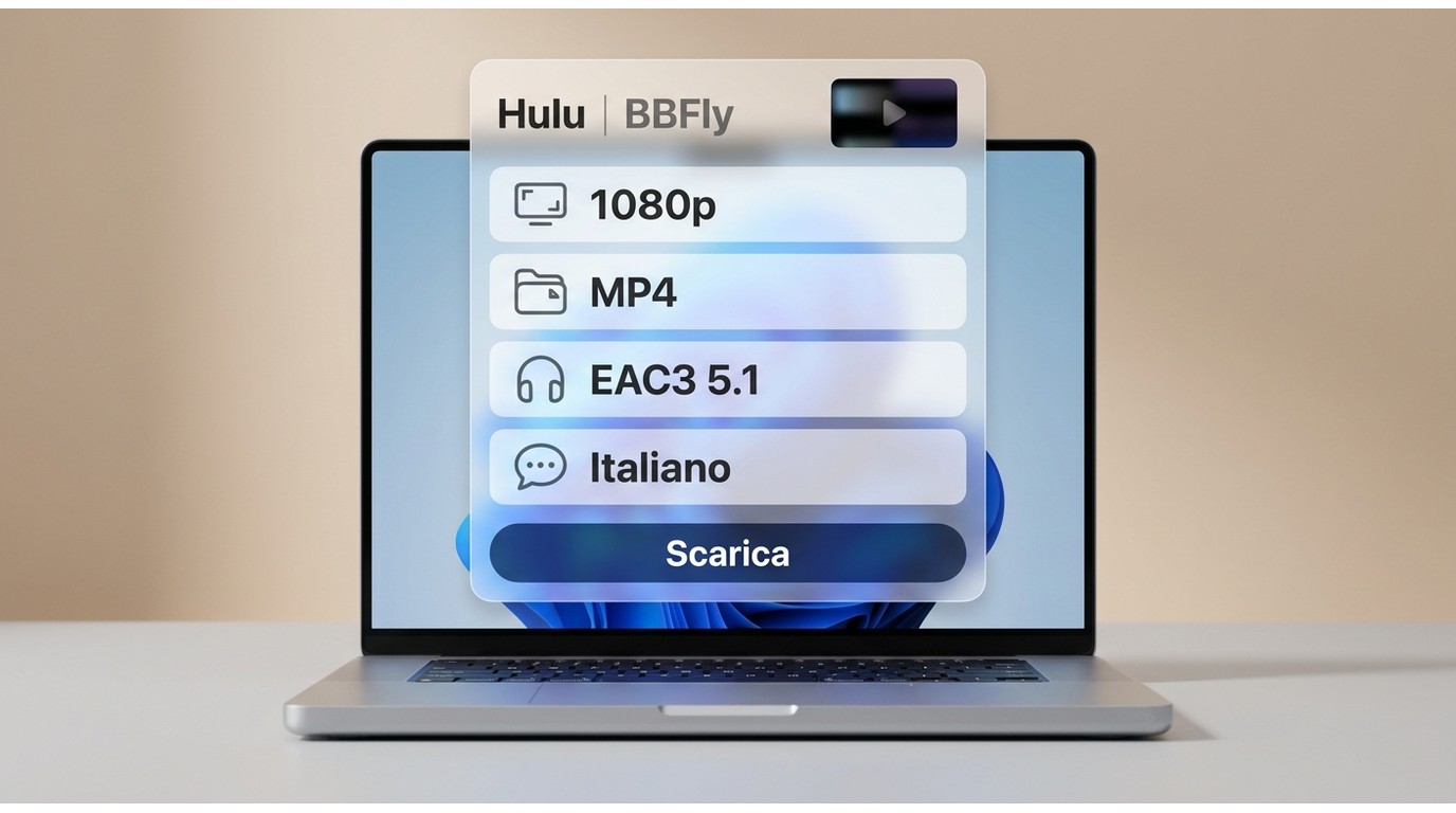 BBFly Hulu Downloader con opzioni MP4, 1080p, audio e sottotitoli prima del download.