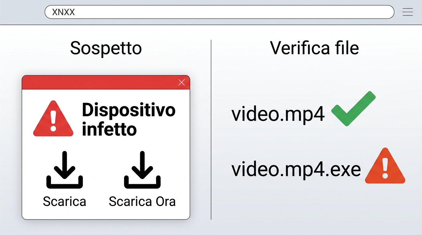 Segnali di rischio: pop-up falsi, pulsanti Download duplicati e file video mascherato.