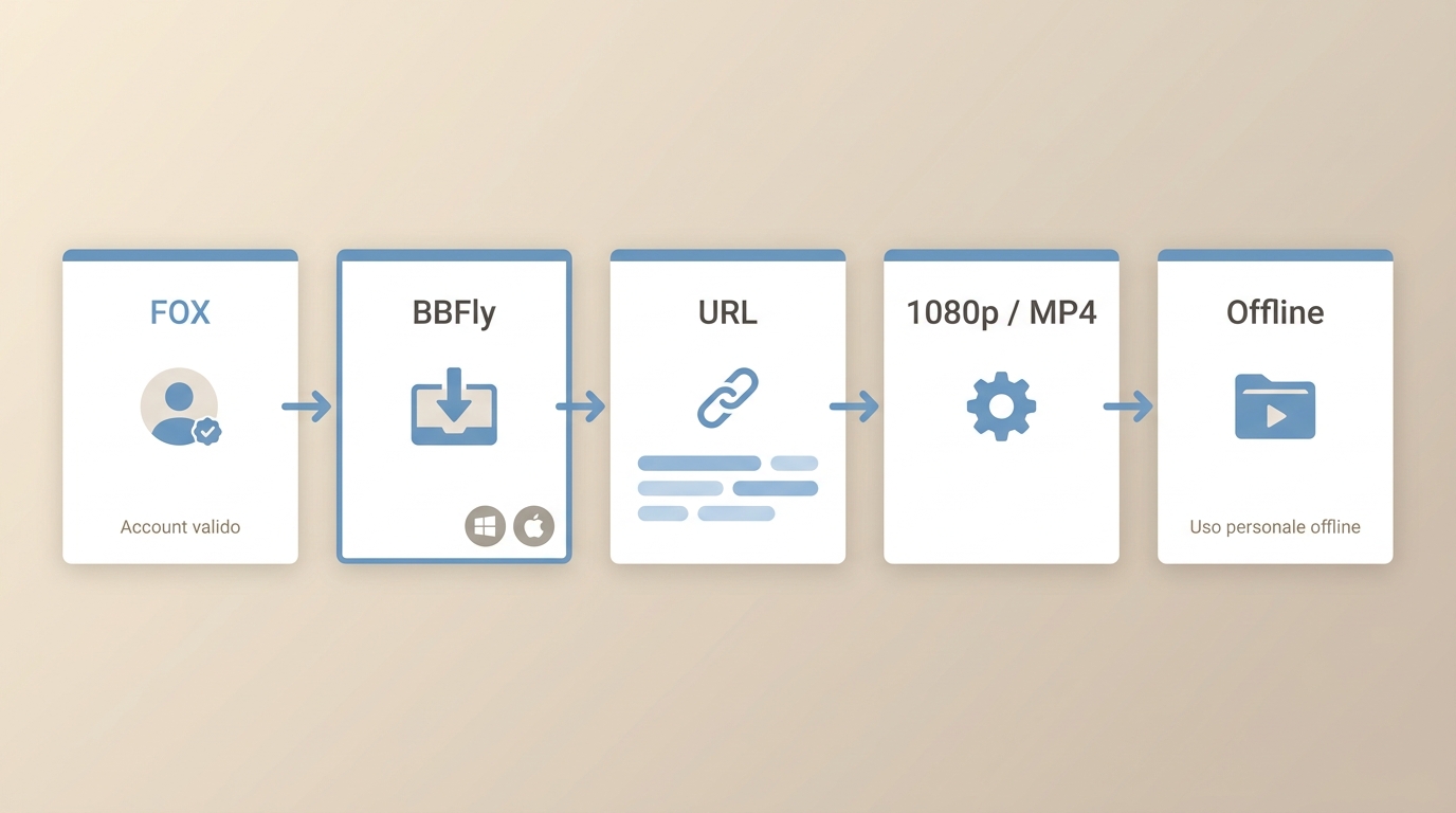 Cinque passaggi in BBFly per salvare un video FOX autorizzato su Windows o Mac.