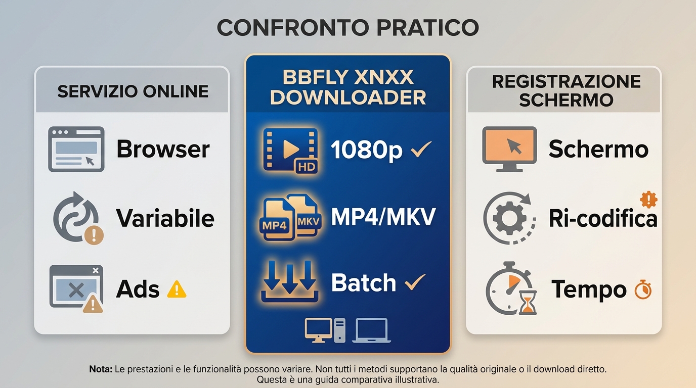 Confronto tra BBFly, servizi online e registrazione per formati, 1080p e limiti.