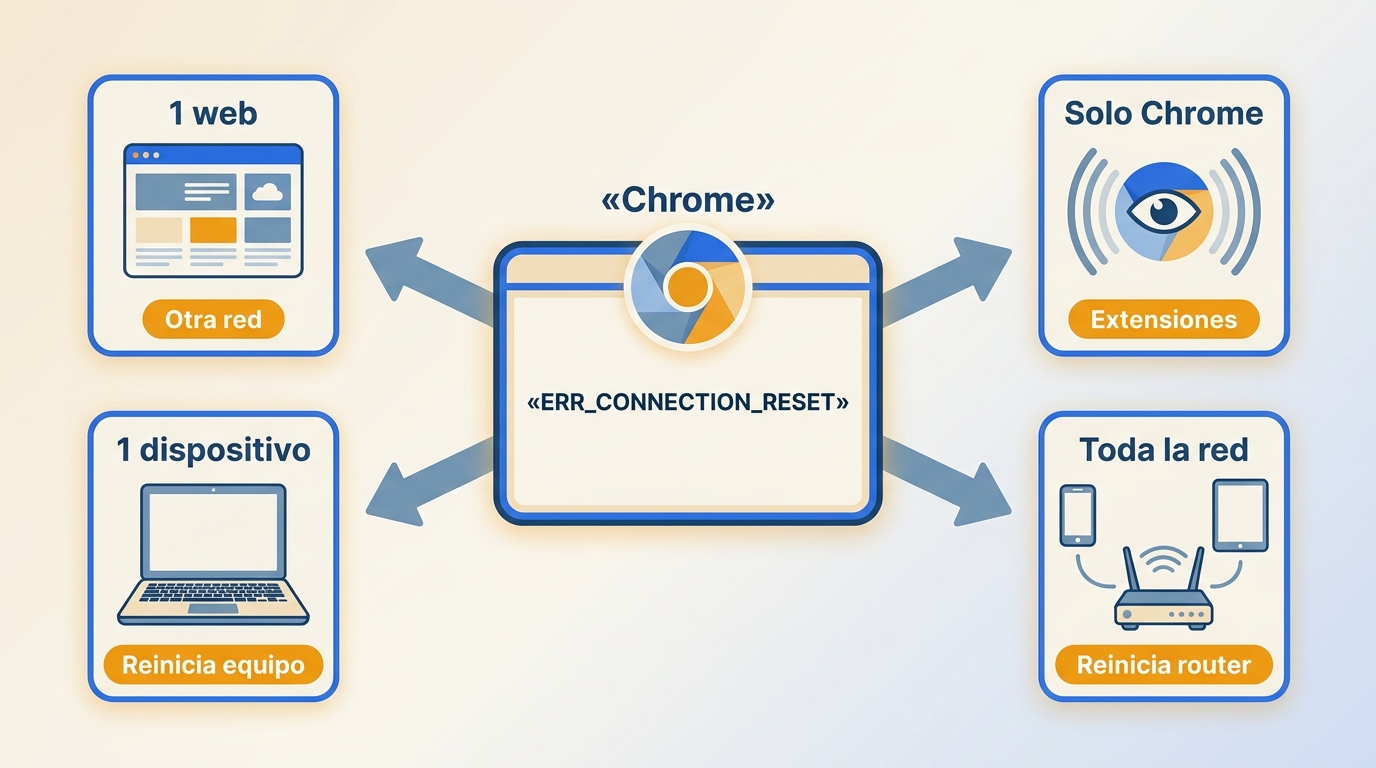 Guía para aislar ERR_CONNECTION_RESET entre Chrome, una web, un dispositivo y la red.