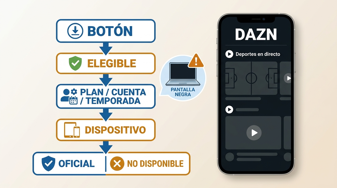 Flujo para revisar elegibilidad, plan y dispositivo cuando falla la descarga de DAZN.