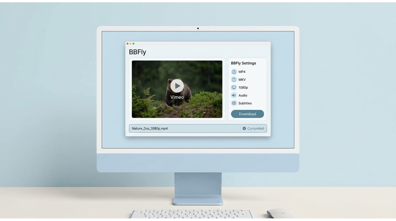 BBFly desktop workflow for opening a Vimeo video and choosing MP4, MKV, audio, and subtitles.