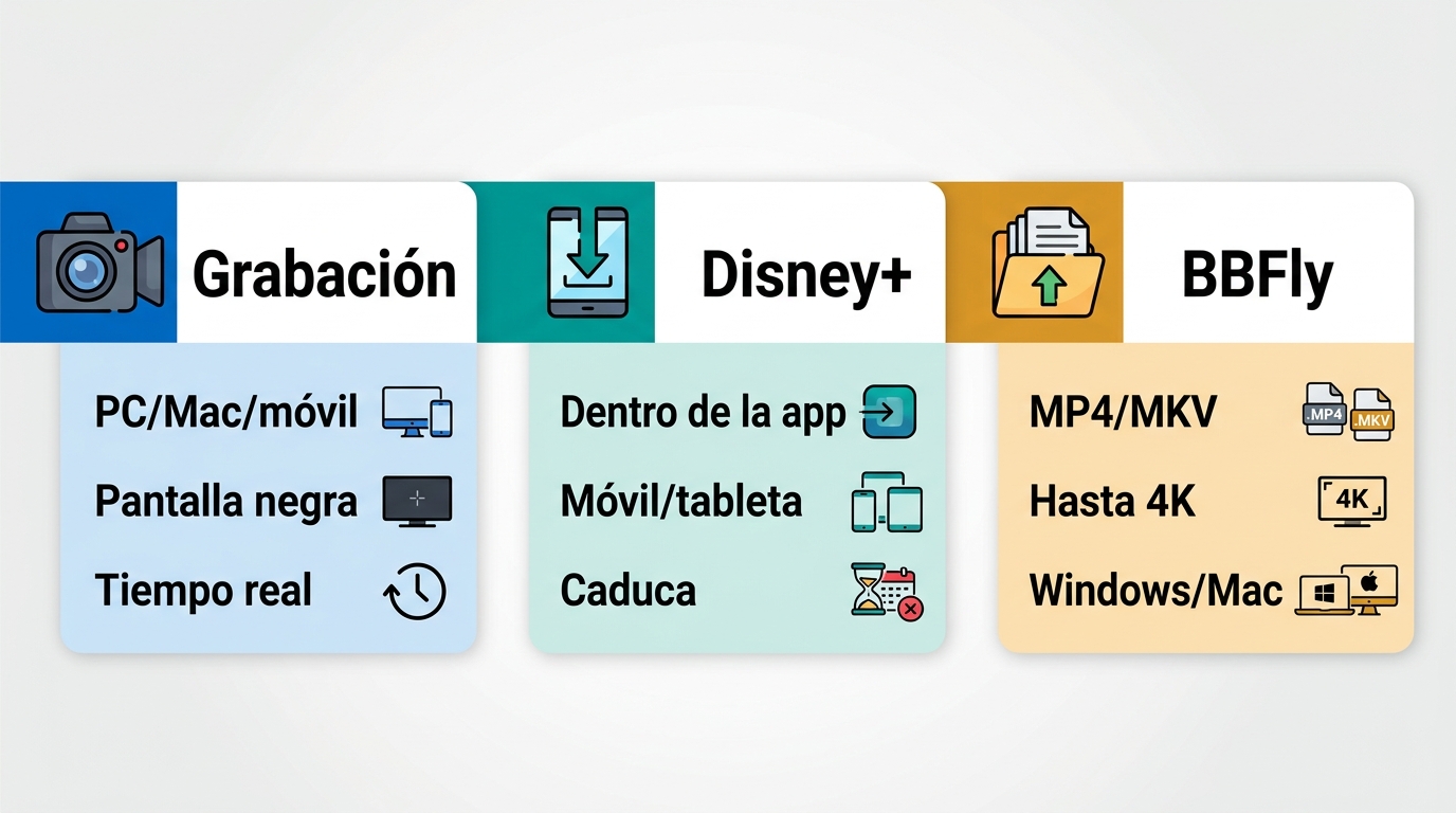 Comparación de grabación, descarga oficial de Disney+ y BBFly para ver sin conexión