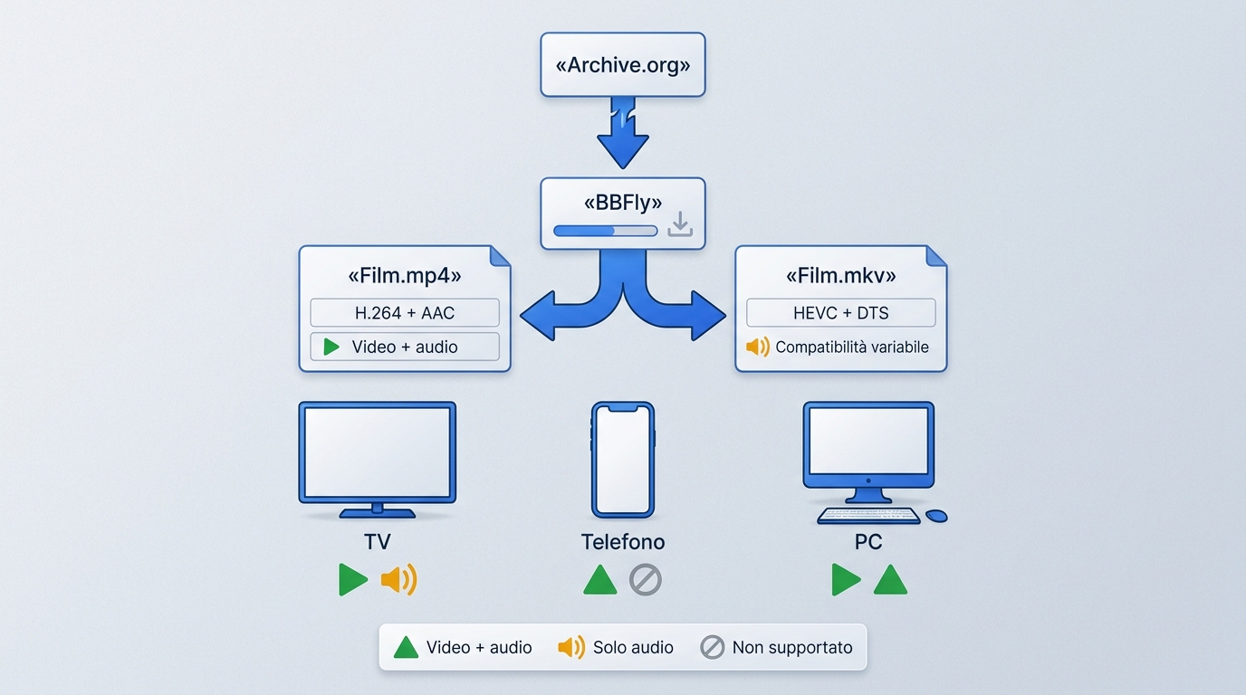 MP4 e MKV di Archive.org possono funzionare diversamente in base ai codec su TV e smartphone.