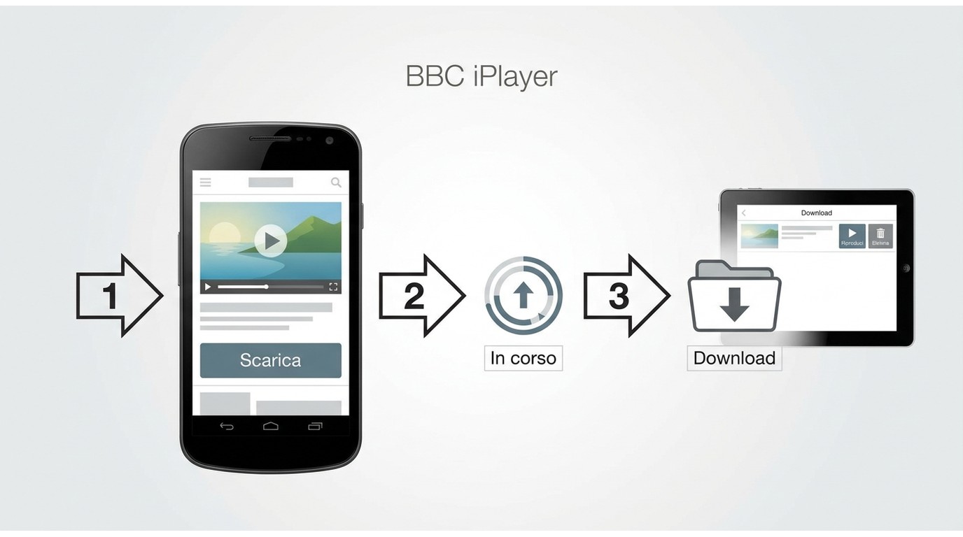 Procedura BBC iPlayer su mobile: scaricare un episodio e trovarlo nella sezione Download.