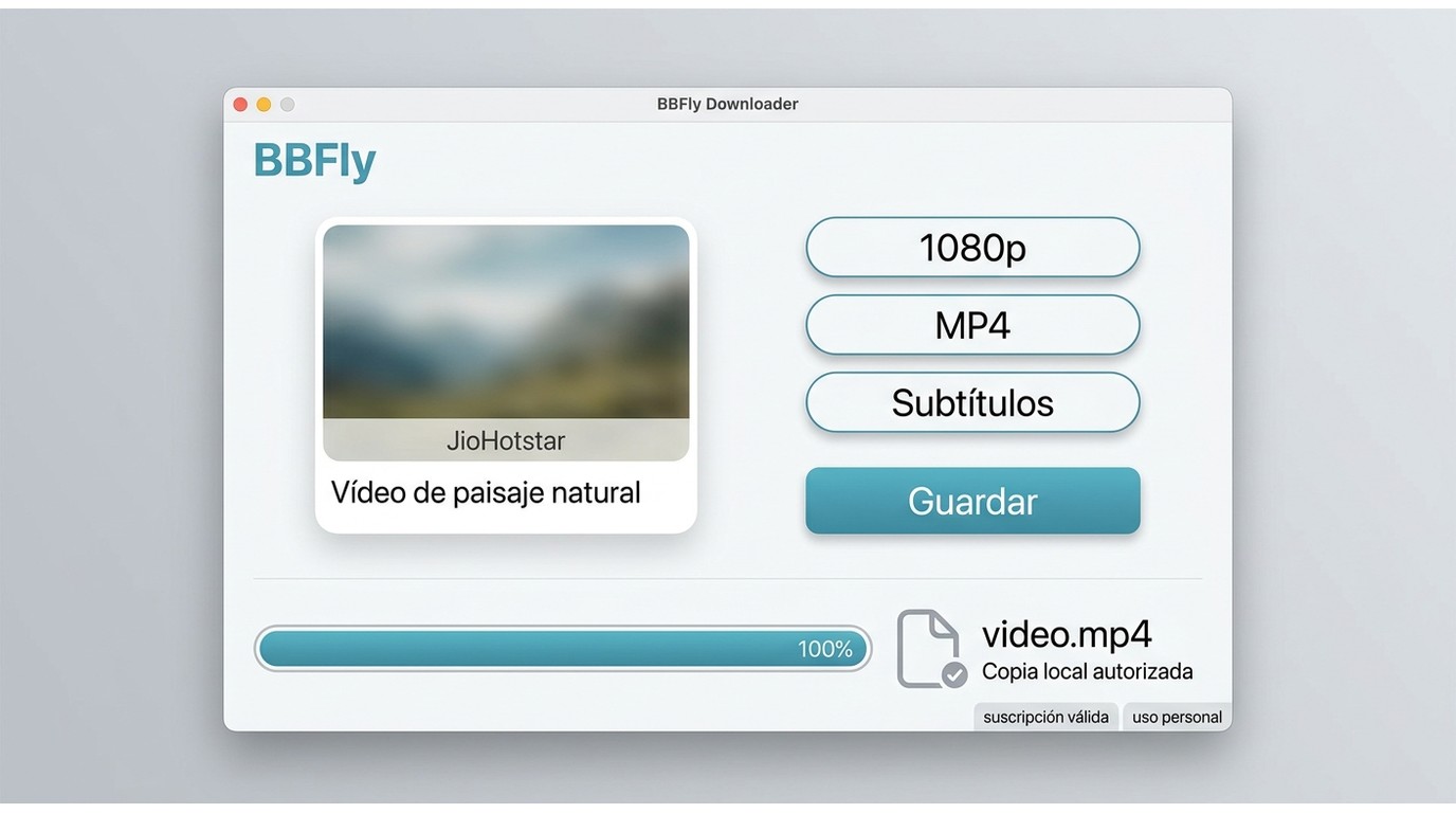 Flujo de BBFly para elegir MP4, subtítulos y guardar un vídeo de JioHotstar.