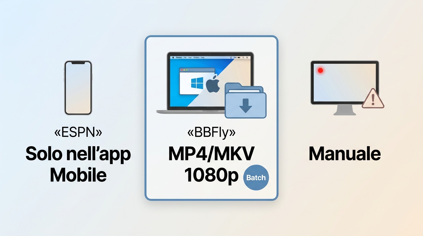 Confronto tra app ESPN, BBFly e registrazione schermo per file locale, 1080p e limiti.