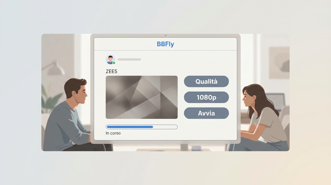 BBFly Zee5 Downloader con accesso a ZEE5, opzioni di qualità e salvataggio avviato.