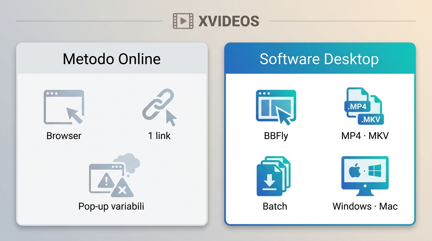 Confronto tra servizio online e BBFly Downloader per XVIDEOS, formati, batch e prova.