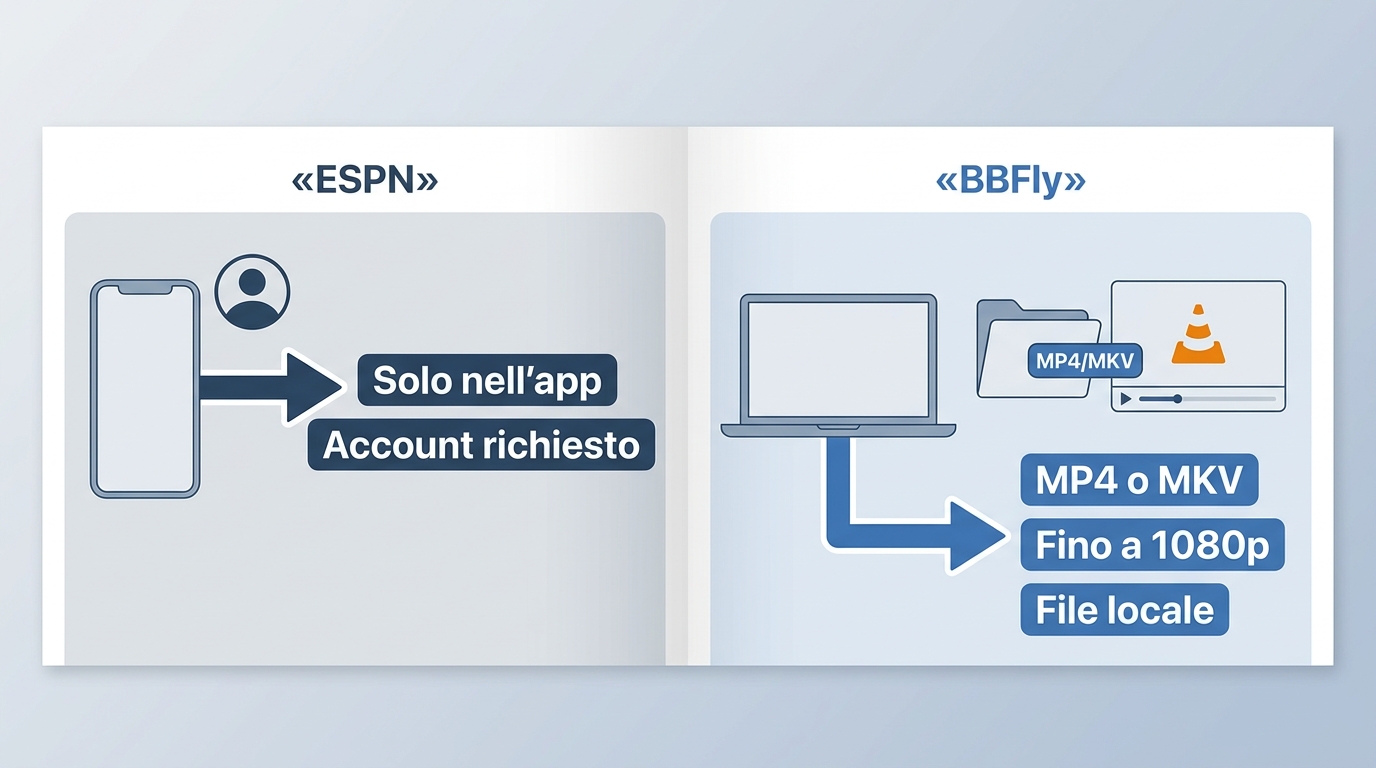Differenza tra download nell’app ESPN e file MP4 o MKV locale con BBFly.