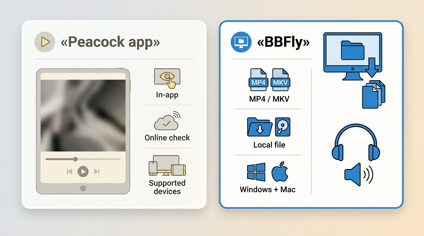 Confronto tra download ufficiale Peacock e BBFly su computer, file MP4/MKV e opzioni audio.